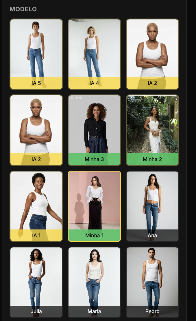 Catálogo de modelos virtuais gerados por IA do mantega.ai mostrando diversidade de gênero, etnia e poses